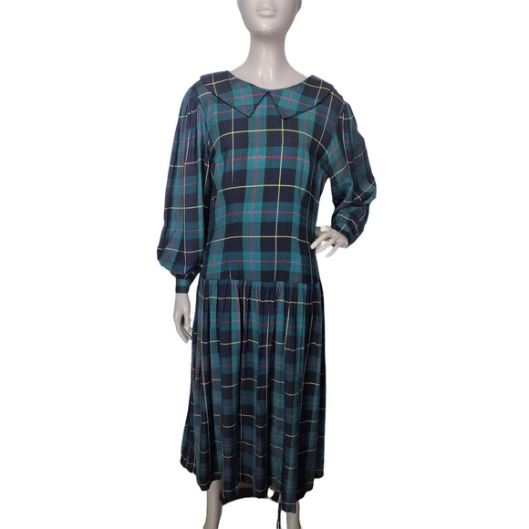 Vintage 80s Sarin Tartan Plaid Bishop Balloon Sleeve Drop Waist Modest Dress
